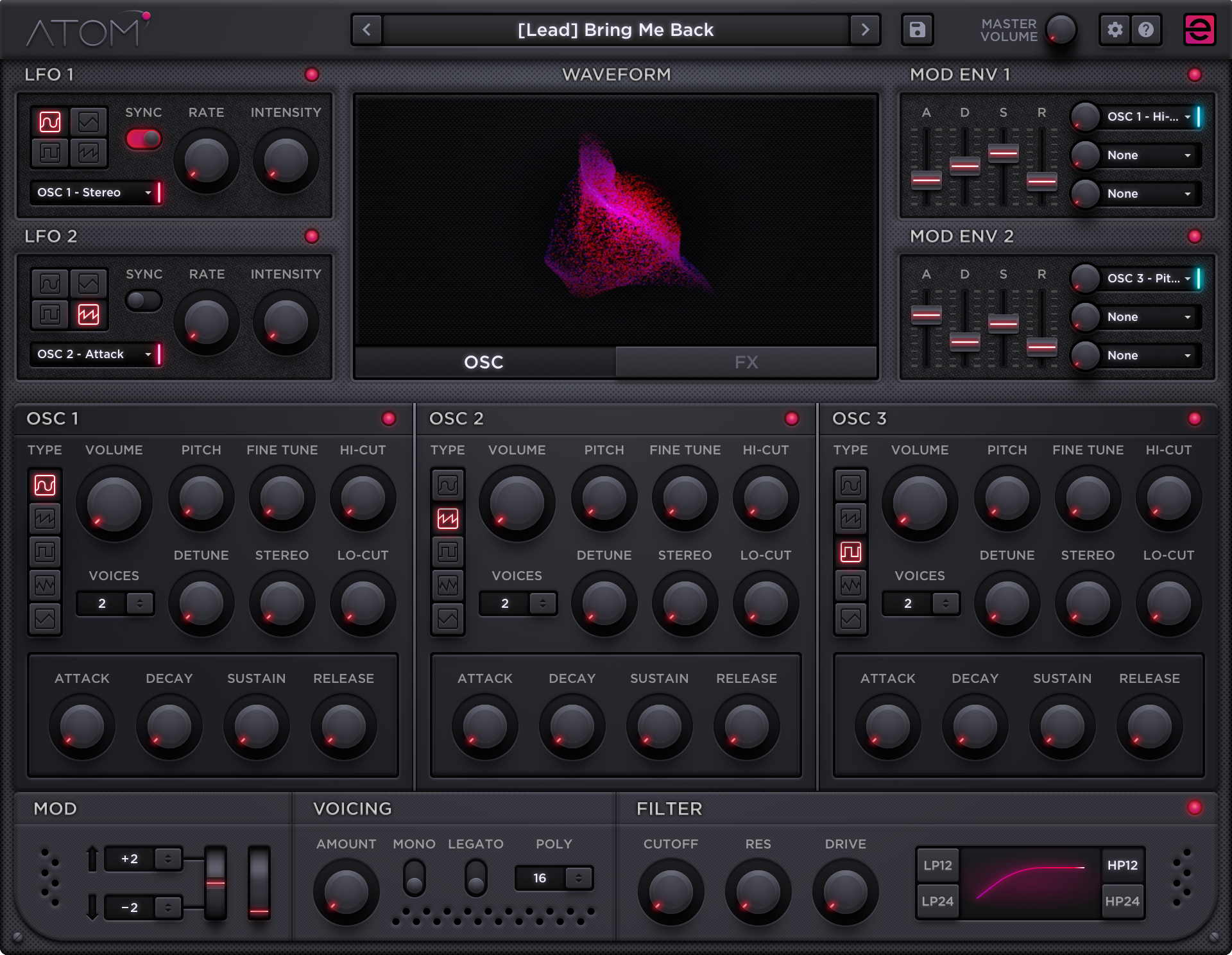 ATOM synthesizer oscillator, modulation, voicing, and filter interface