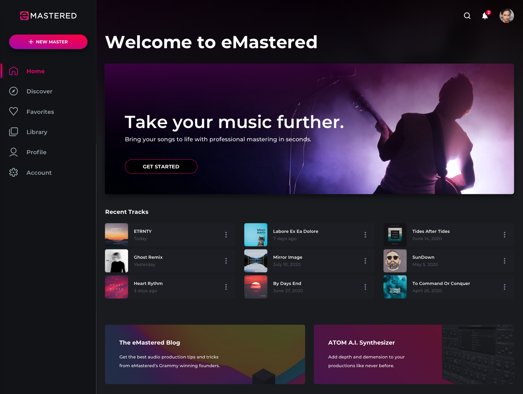 eMastered Studio home and recent tracks interface from the eMastered design system