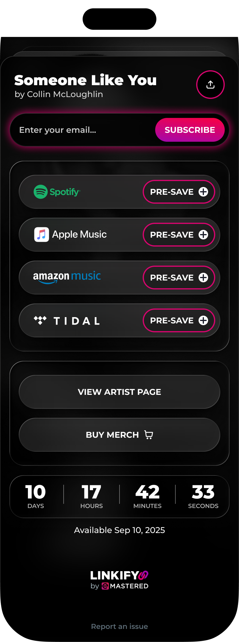 Linkify release page for Someone Like You with an email field, pink Subscribe button, and music platform pre-save links