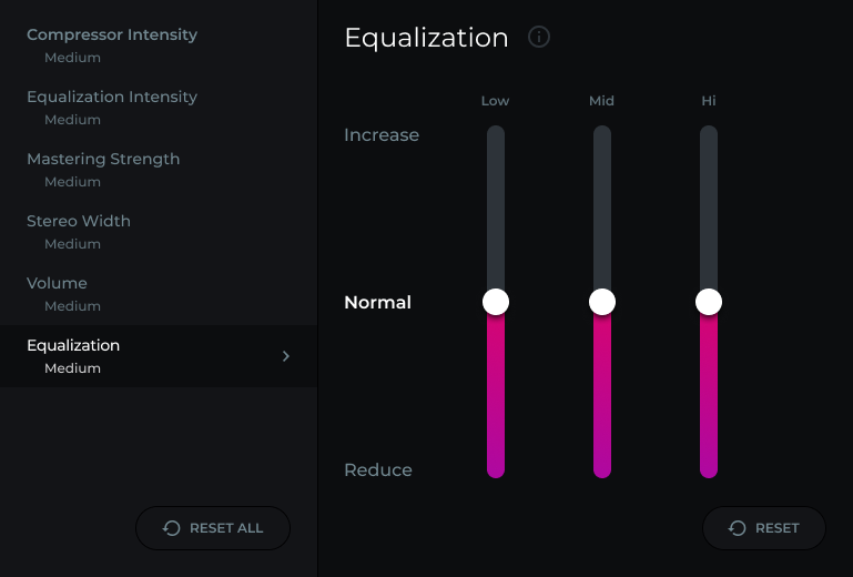eMastered equalization and mastering options interface