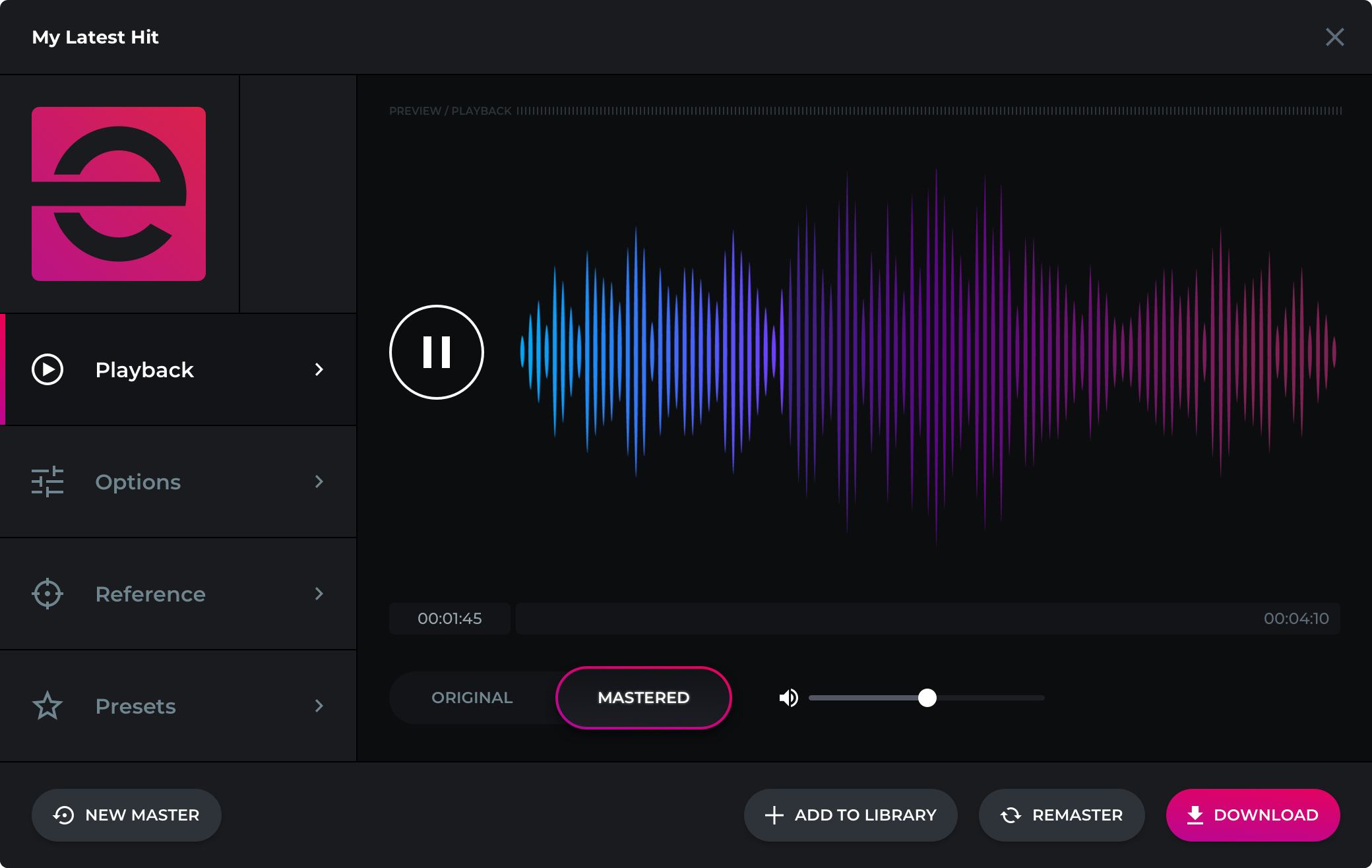 Mastering playback interface from the eMastered design system
