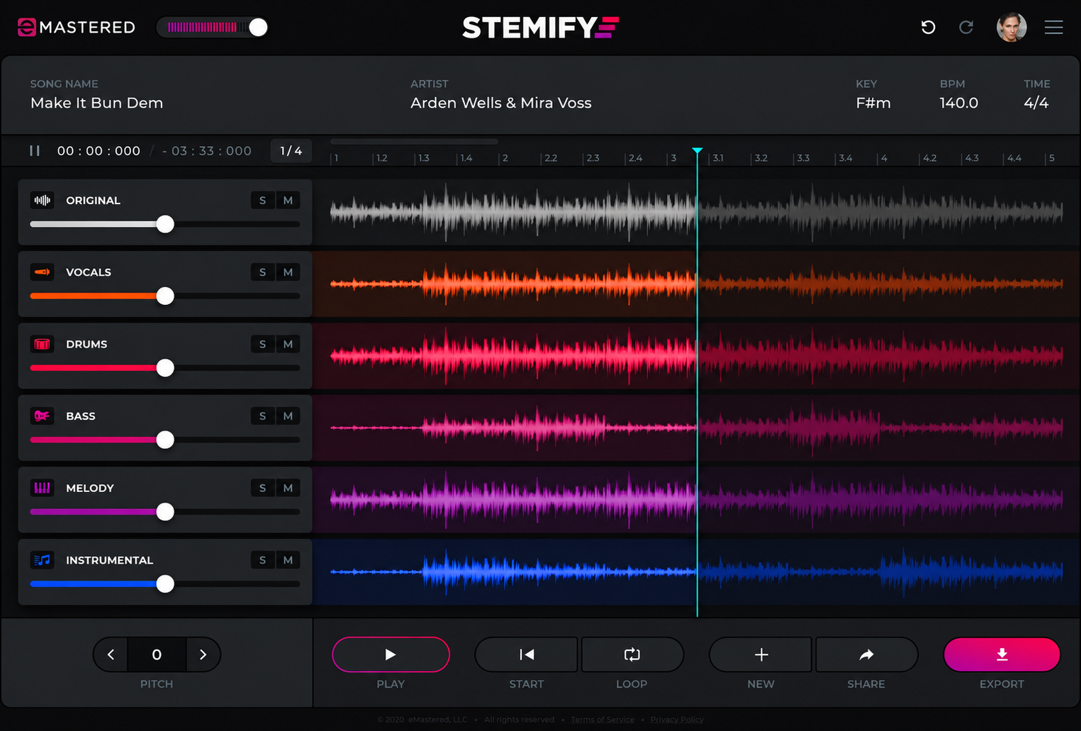 Stemify multitrack separation interface with a fictional artist example