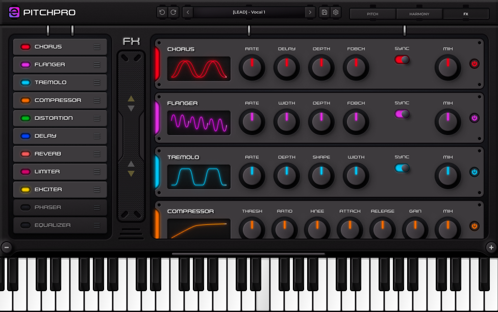 PitchPro vocal effects rack with chorus, flanger, tremolo, compression, delay, and reverb