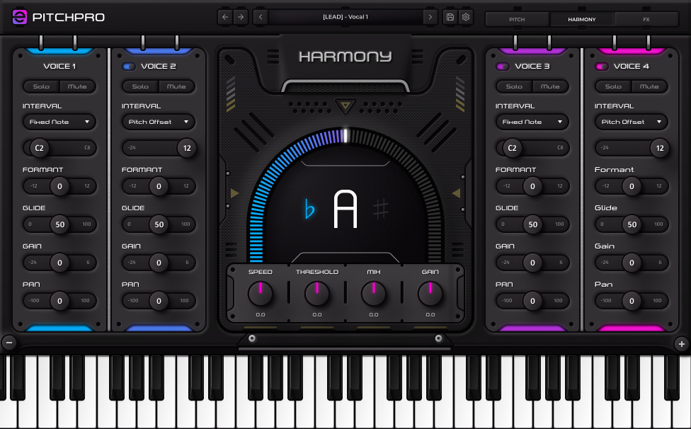 PitchPro Harmony with four independently controlled voices, formant, glide, gain, and pan