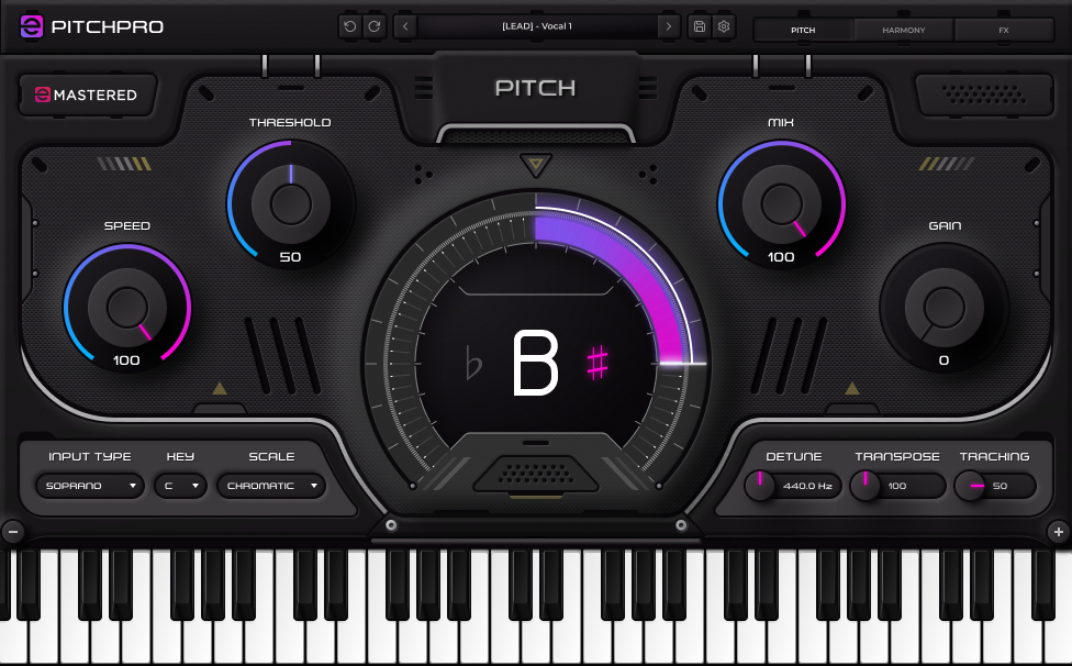 PitchPro pitch correction interface with tuning controls and a piano keyboard